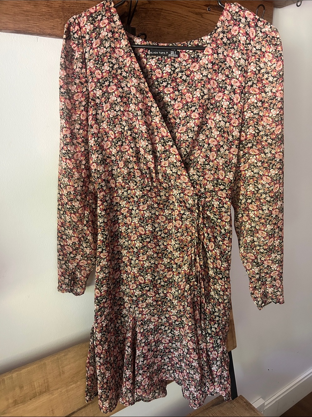 Black Tape_ Floral Wrap Dress in Black and Pink